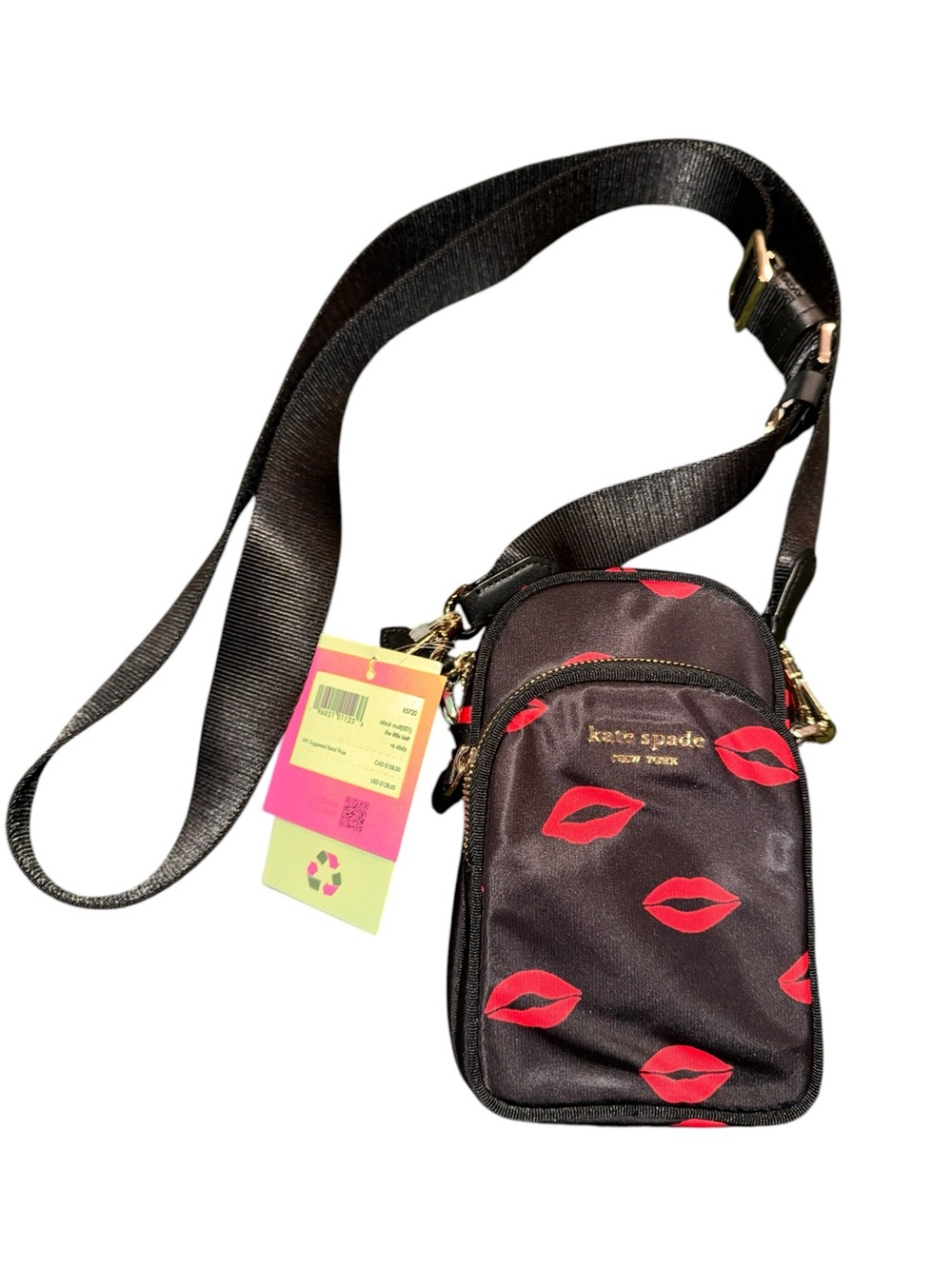 Kate Spade Black Crossbody Phone Pouch with Red Lip Print NWT